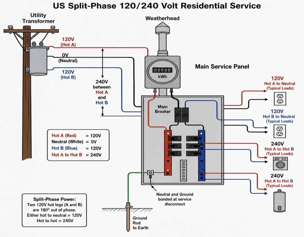 diagram showing a US split-phase 120 and 240 volt residential service diagram showing a US split-phase 120 and 240 volt residential service